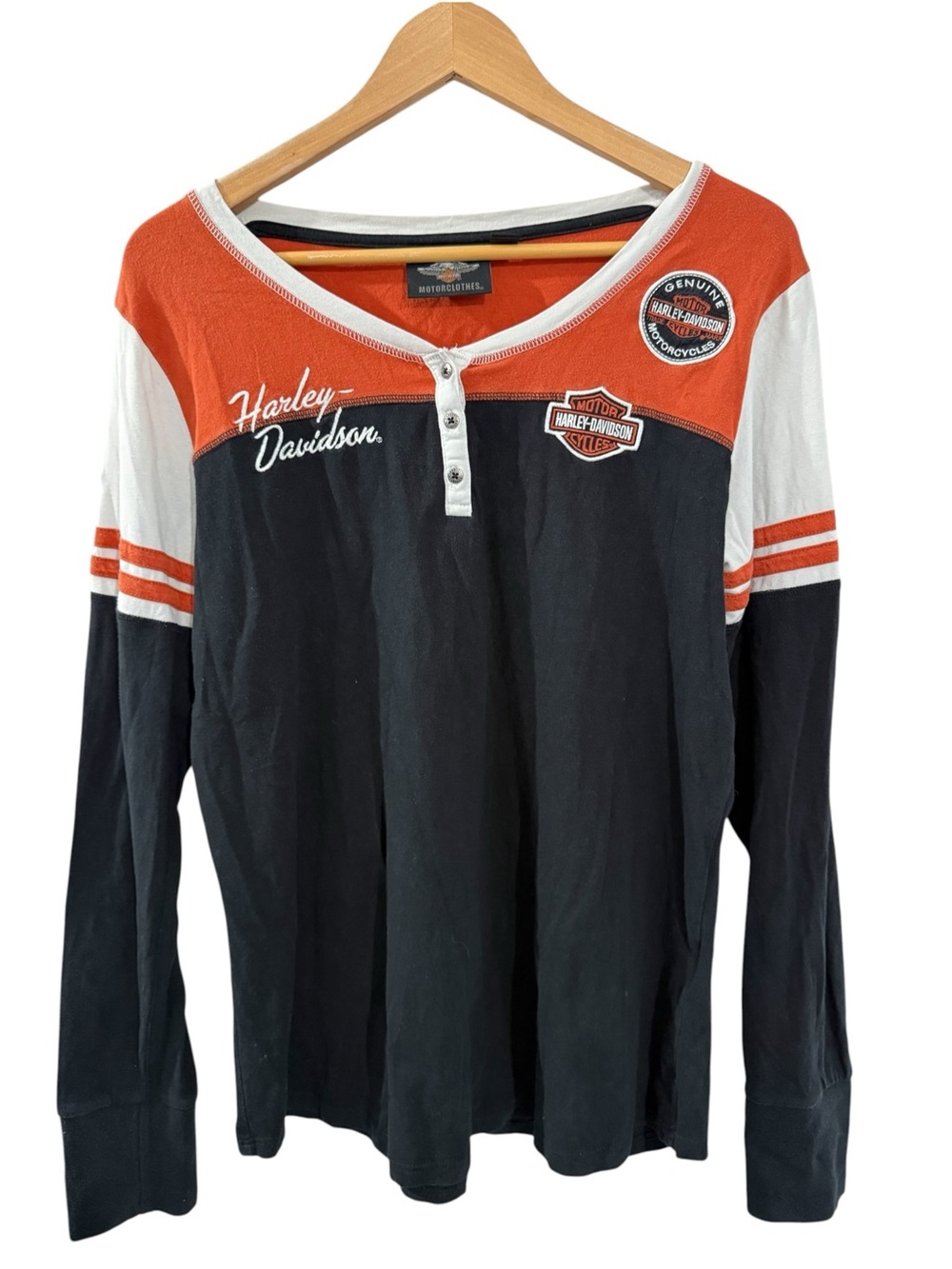 Harley-Davidson Orange Black White Long Sleeve Henley Top L